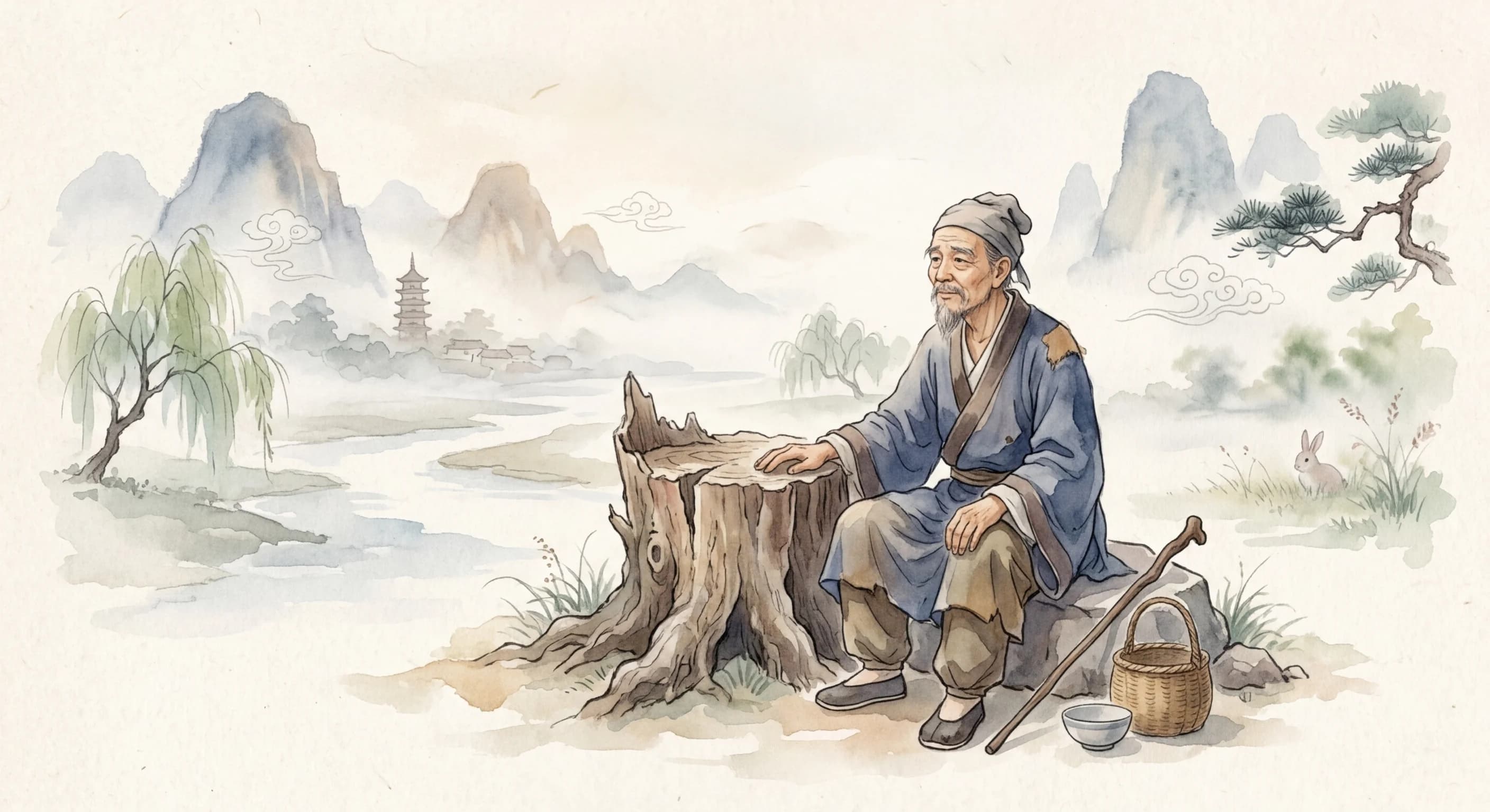 Artistic representation of 守株待兔 (shǒuzhūdàitù)