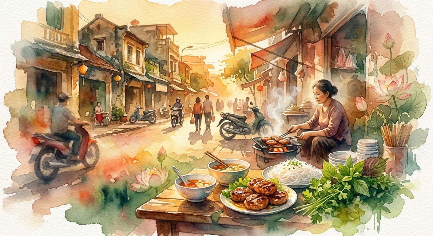 Artistic representation of Bún chả